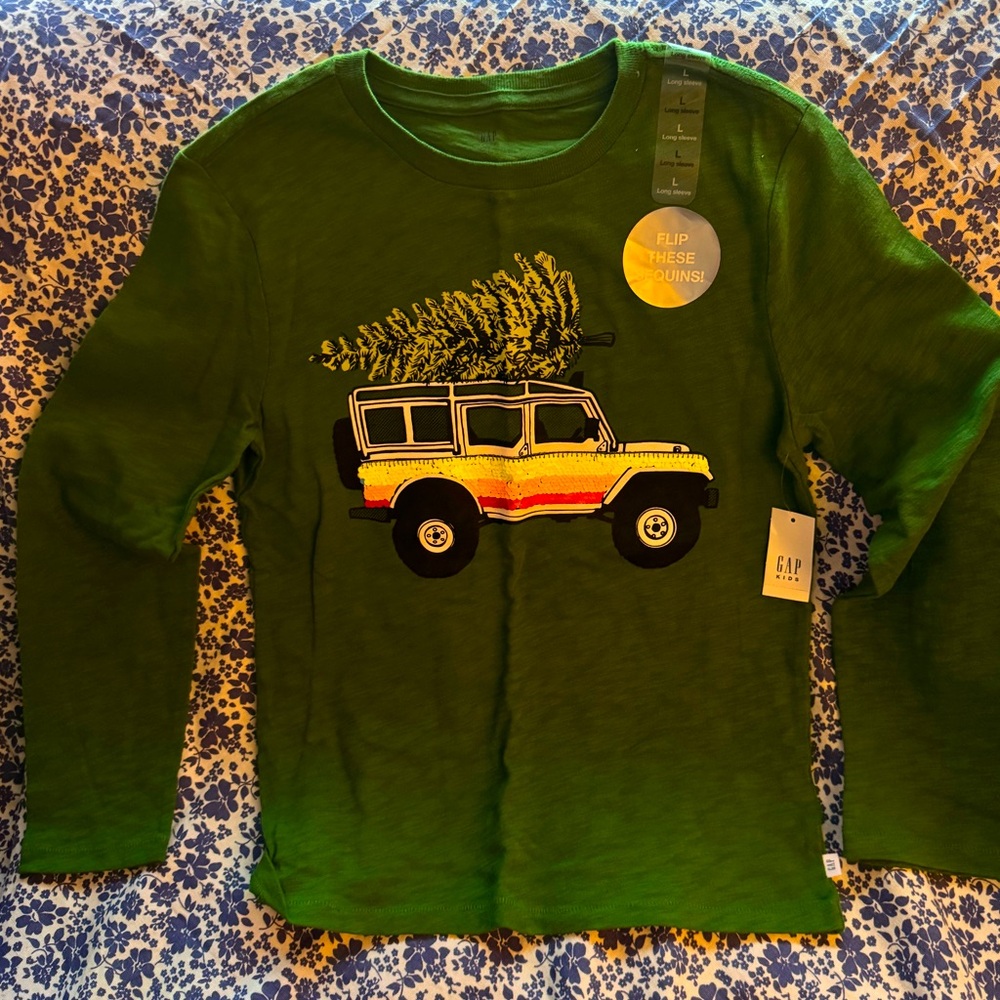 Gap boys green long sleeve Christmas tree on jeep sequins top nwt size large